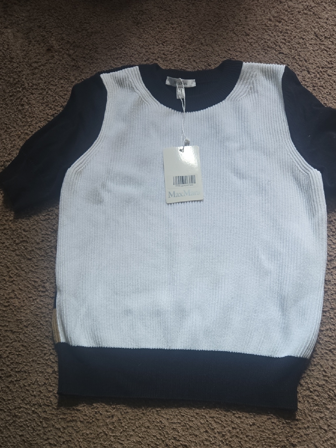 Maxmara White & Black Colorblock Ribbed Knit Short Sleeve Sweater Luxury Nwt